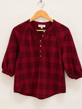 NATION LTD Burgundy Plaid Henley Shirt Pima Cotton Size S